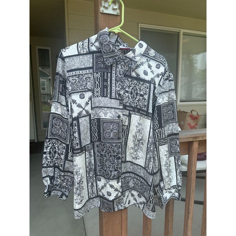 Vintage TanJay Petite Patchwork Graphic Blouse – Black & White Size 16P (XL)